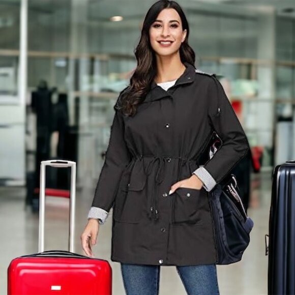 Black Trench Coat Rain Jacket Zipper Snap Buttons Removable Hood Size M NEW - Picture 8 of 8